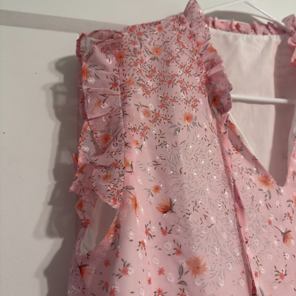 Women’s Pink Sleeveless Sheer Floral Ruffle Tie Neck Blouse Top Size Small - Picture 10 of 13